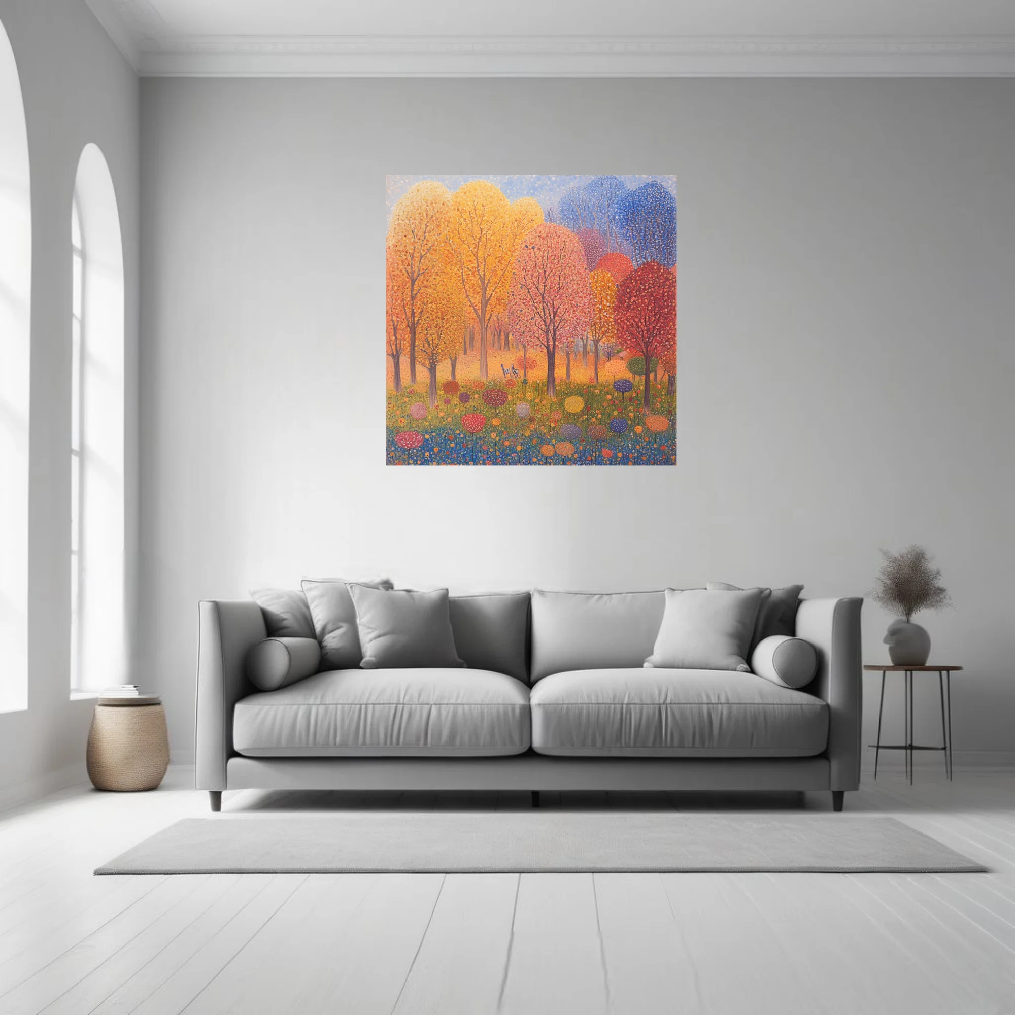 Stippled autumn forest landscape with colorful dotted trees and meadow blooms
