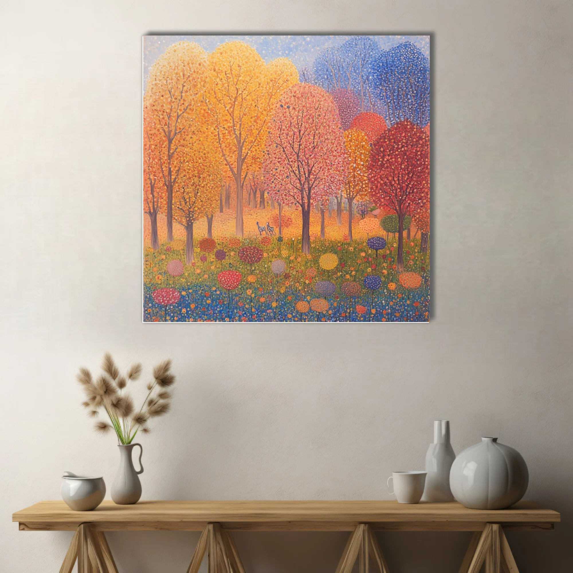 Stippled autumn forest landscape with colorful dotted trees and meadow blooms