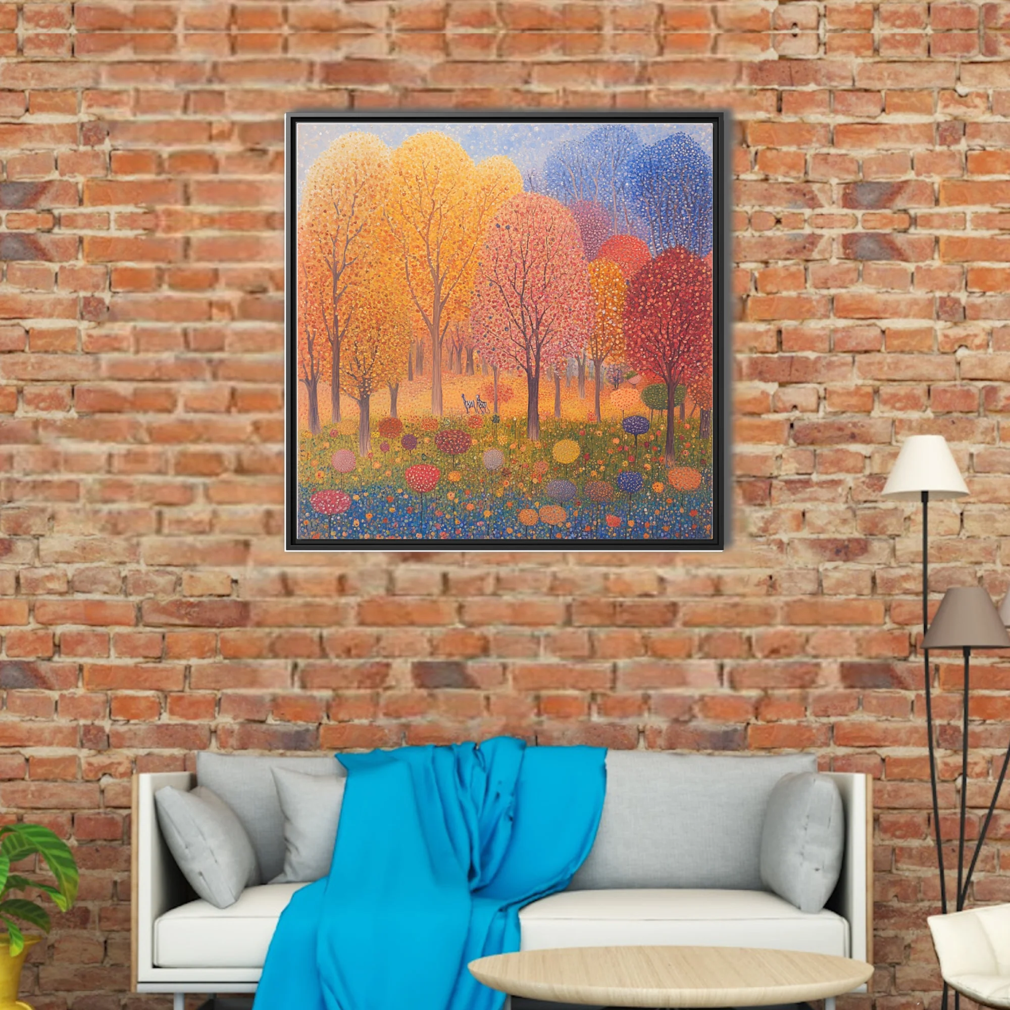 Stippled autumn forest landscape with colorful dotted trees and meadow blooms