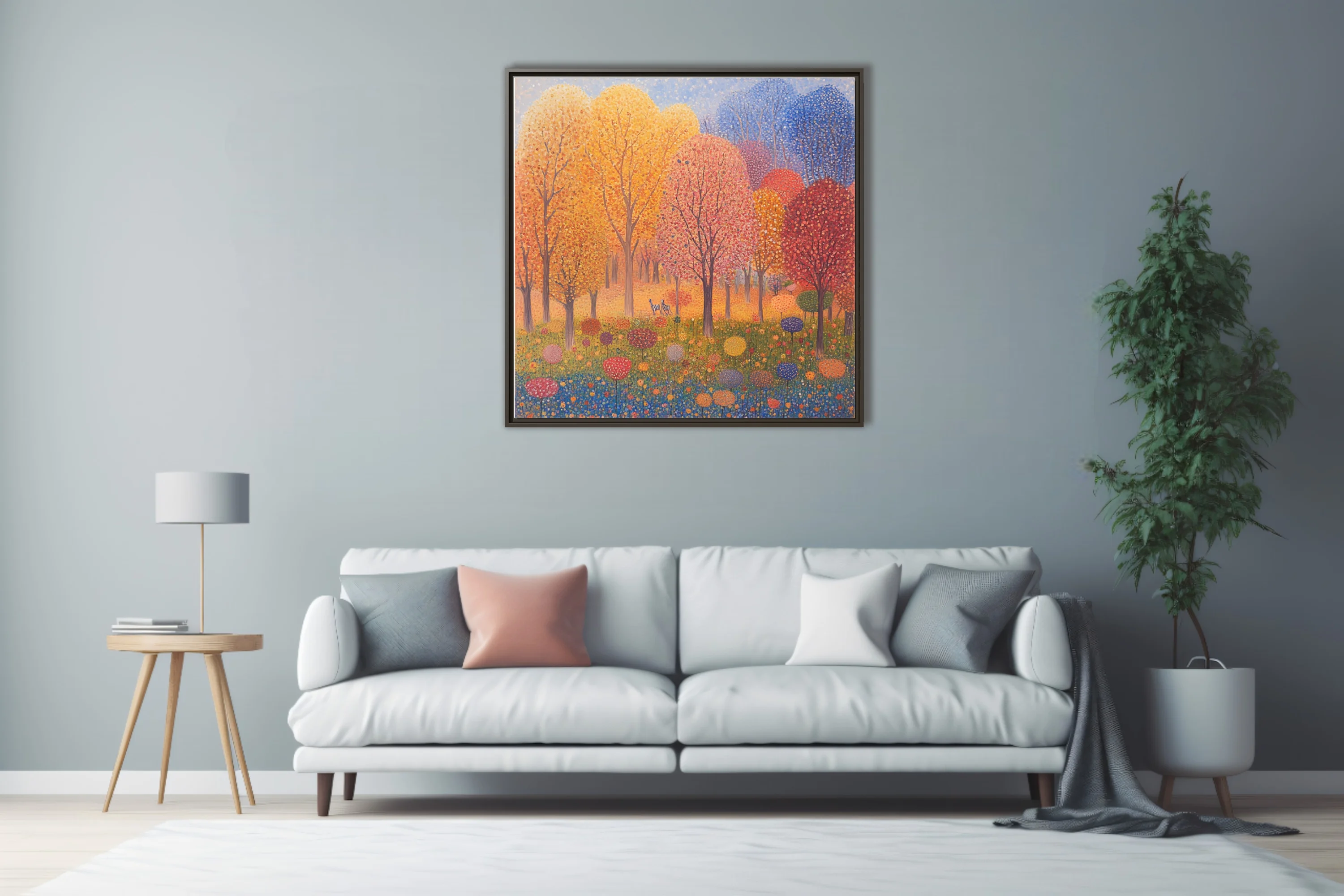 Stippled autumn forest landscape with colorful dotted trees and meadow blooms