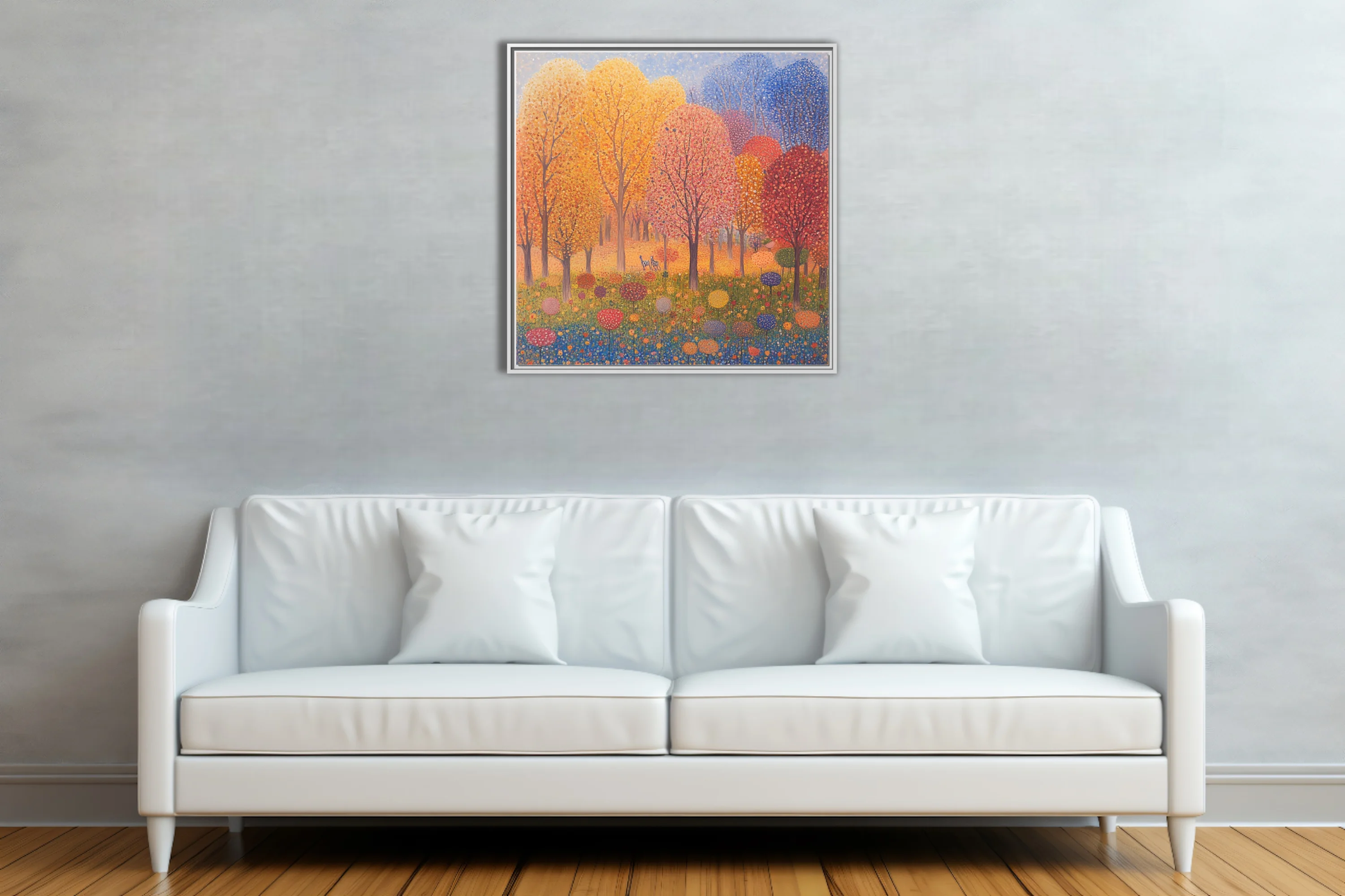 Stippled autumn forest landscape with colorful dotted trees and meadow blooms
