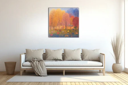 Stippled autumn forest landscape with colorful dotted trees and meadow blooms
