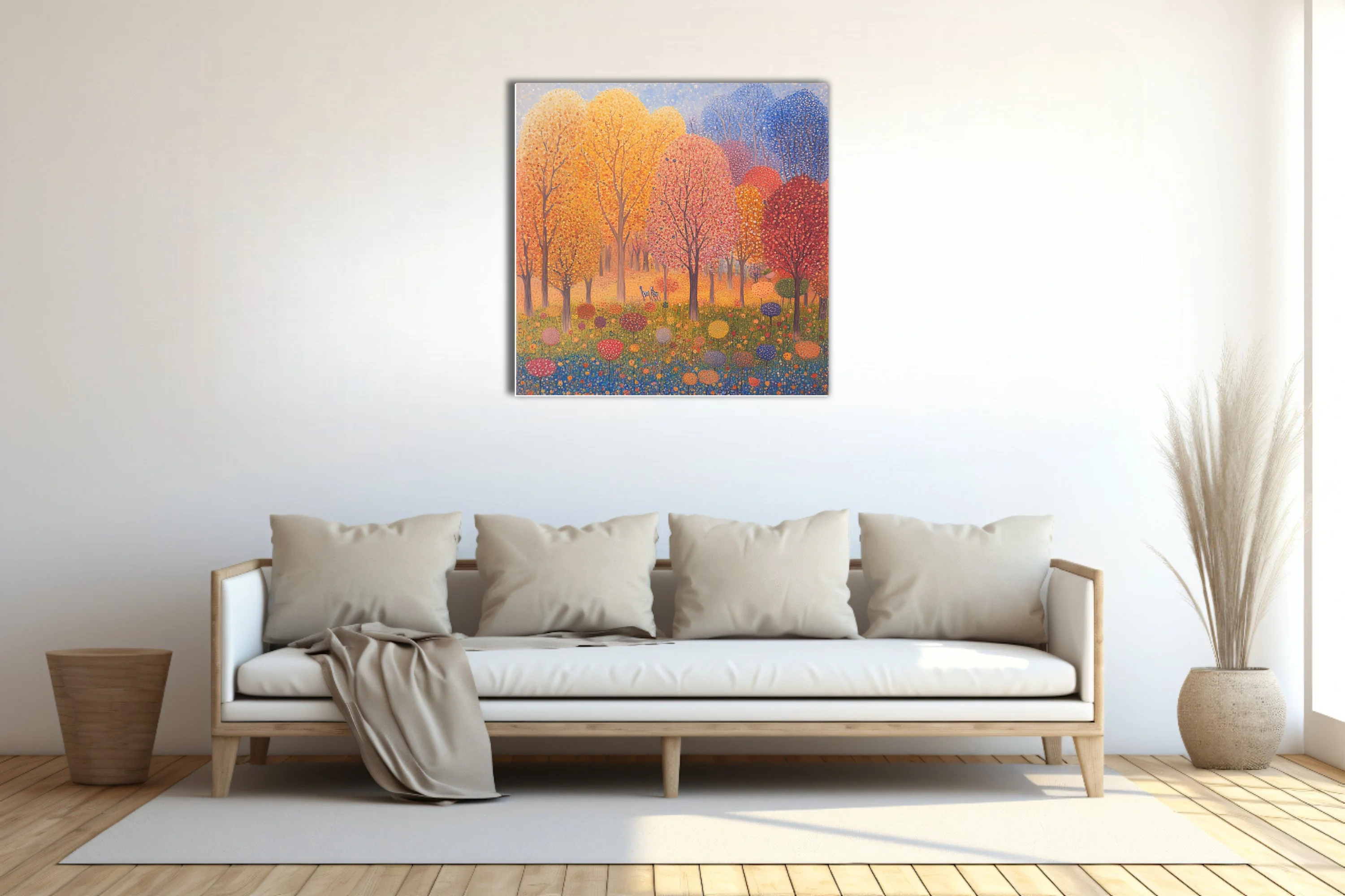 Stippled autumn forest landscape with colorful dotted trees and meadow blooms