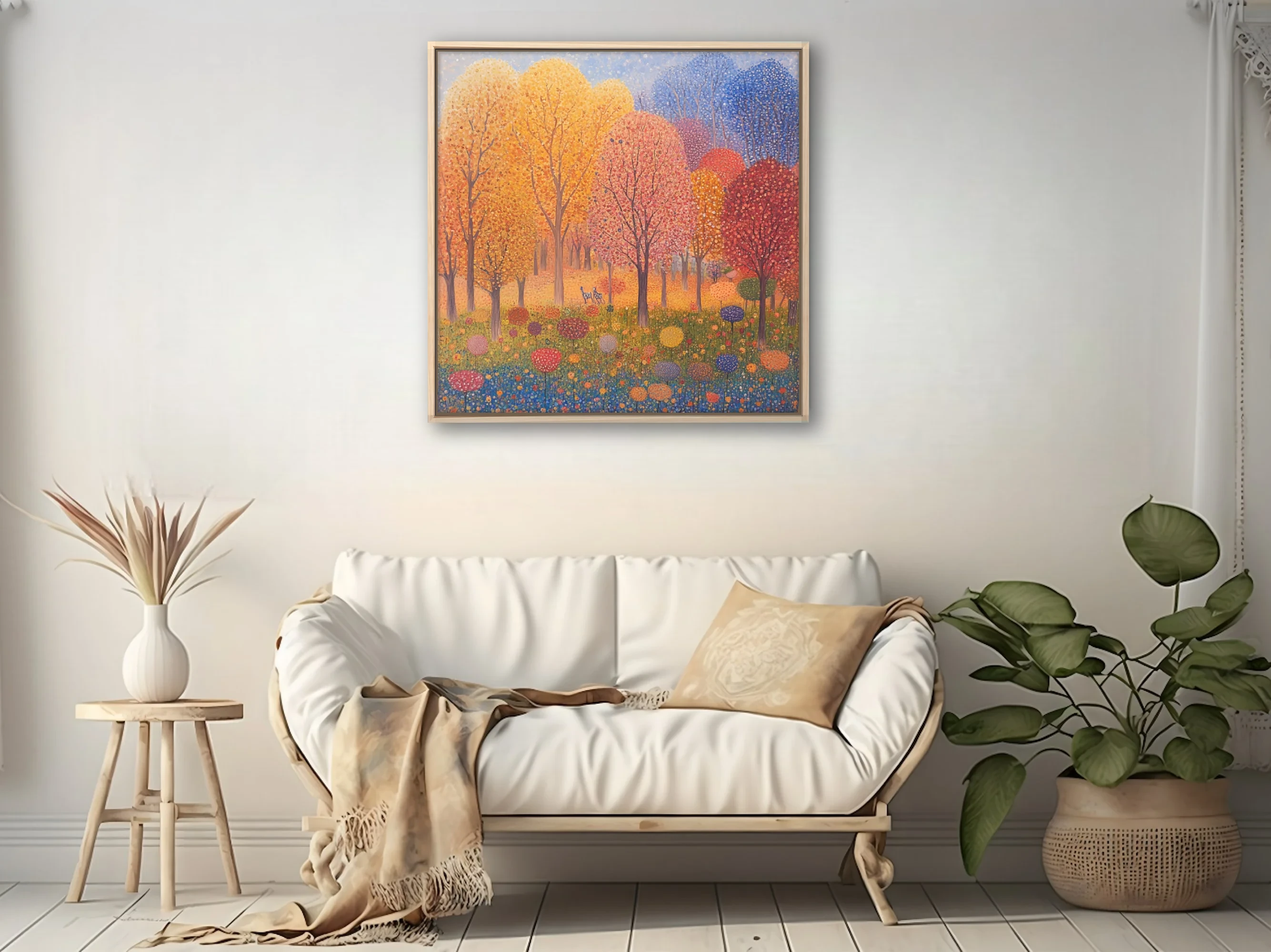 Stippled autumn forest landscape with colorful dotted trees and meadow blooms