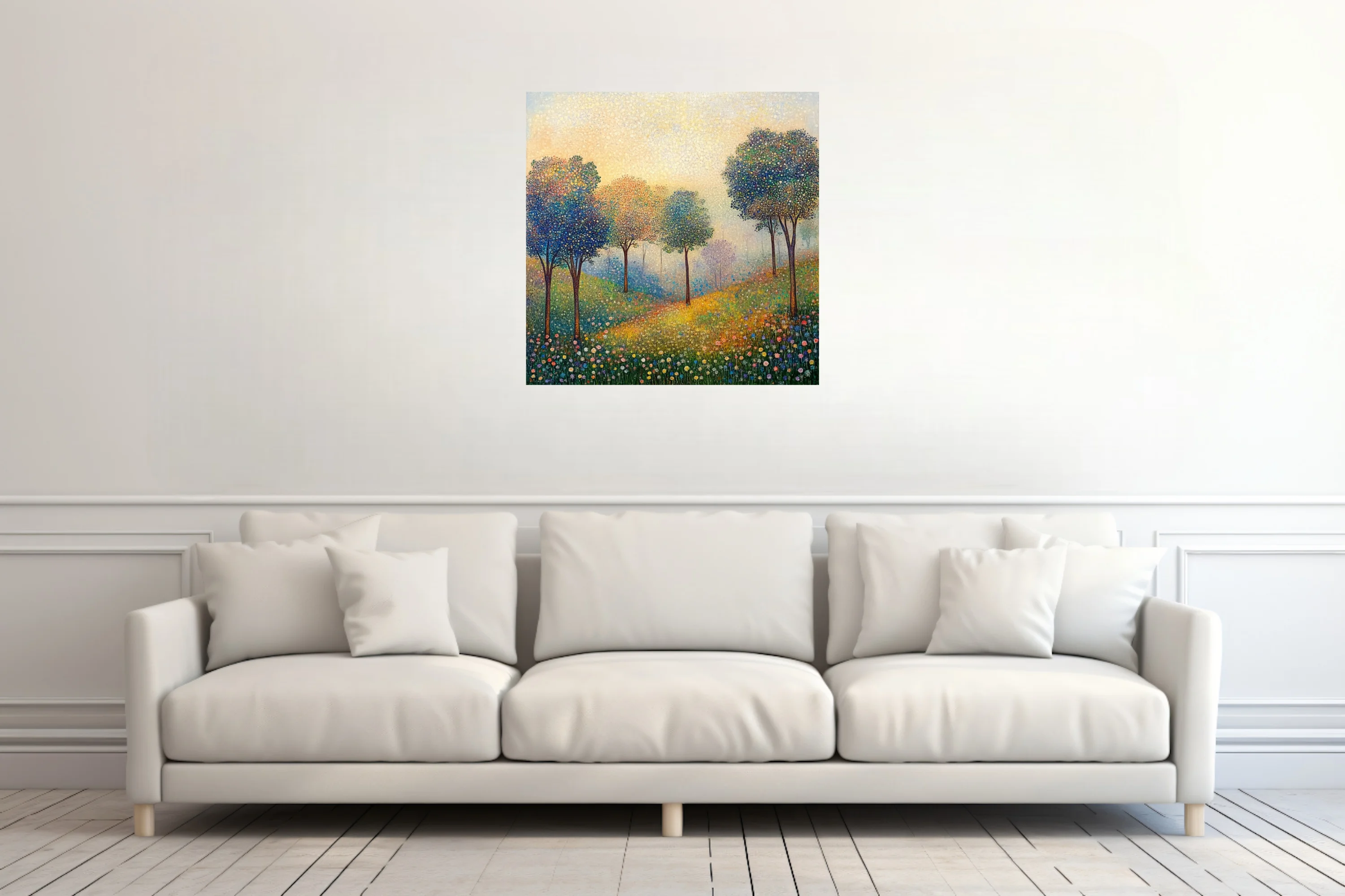 Stippled landscape with colorful dotted trees and wildflower meadow in golden light