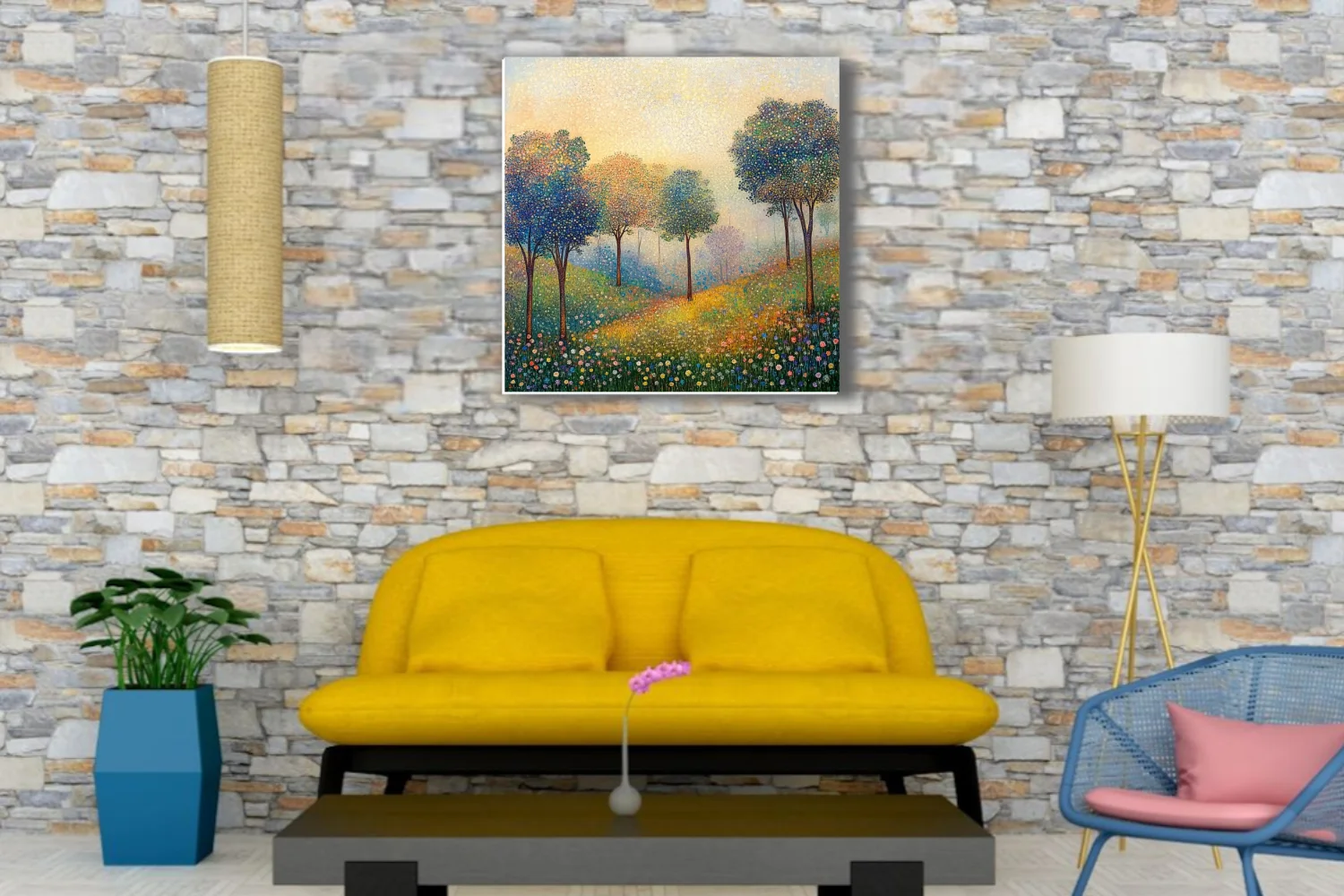 Stippled landscape with colorful dotted trees and wildflower meadow in golden light