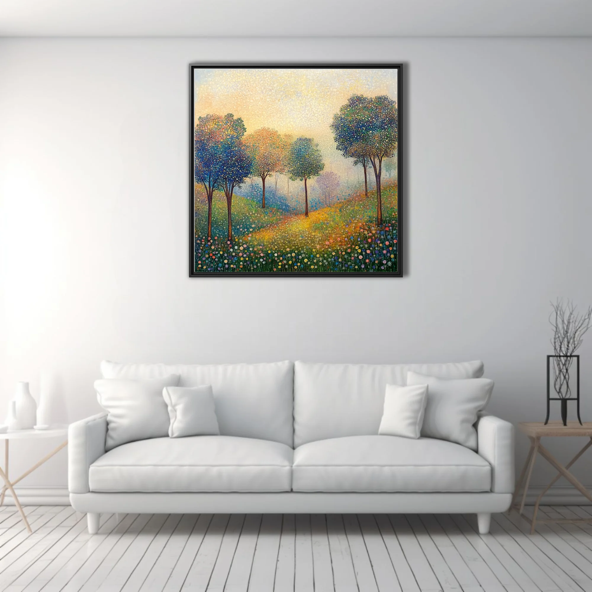 Stippled landscape with colorful dotted trees and wildflower meadow in golden light