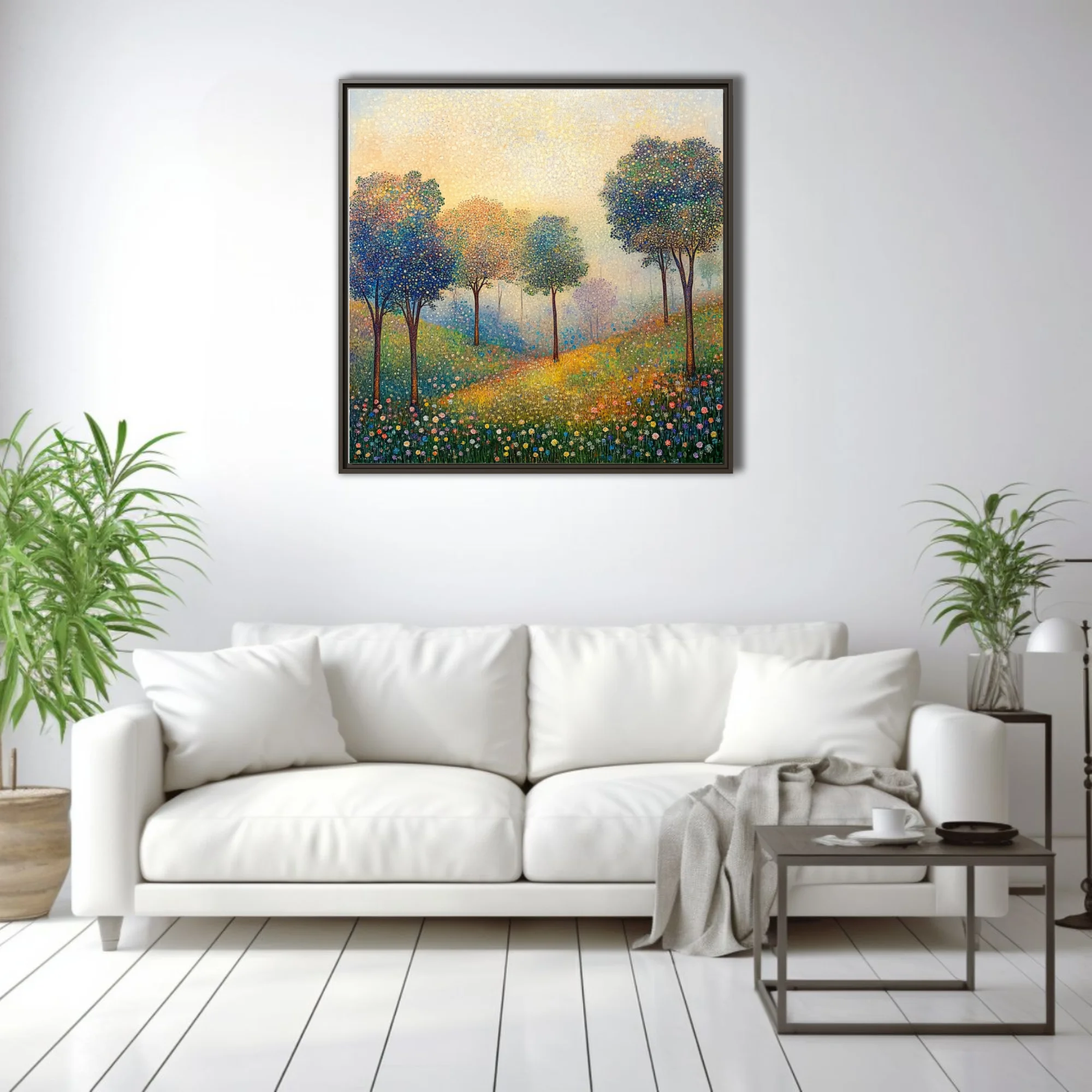 Stippled landscape with colorful dotted trees and wildflower meadow in golden light