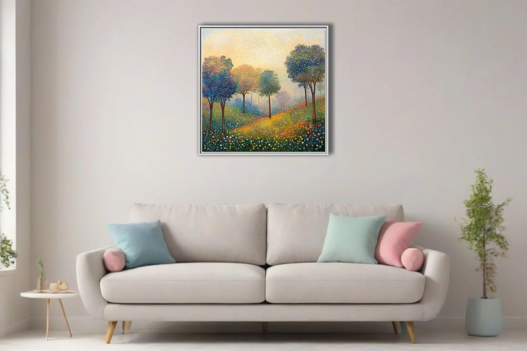 Stippled landscape with colorful dotted trees and wildflower meadow in golden light