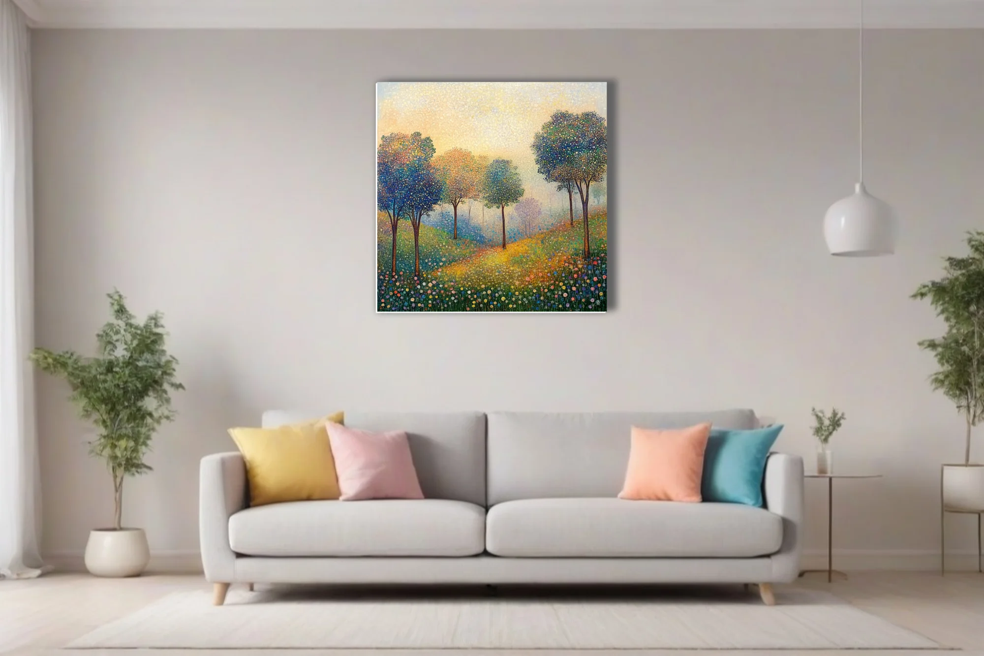Stippled landscape with colorful dotted trees and wildflower meadow in golden light