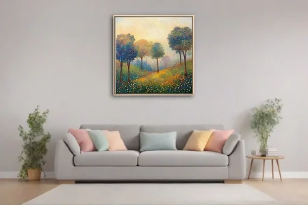 Stippled landscape with colorful dotted trees and wildflower meadow in golden light