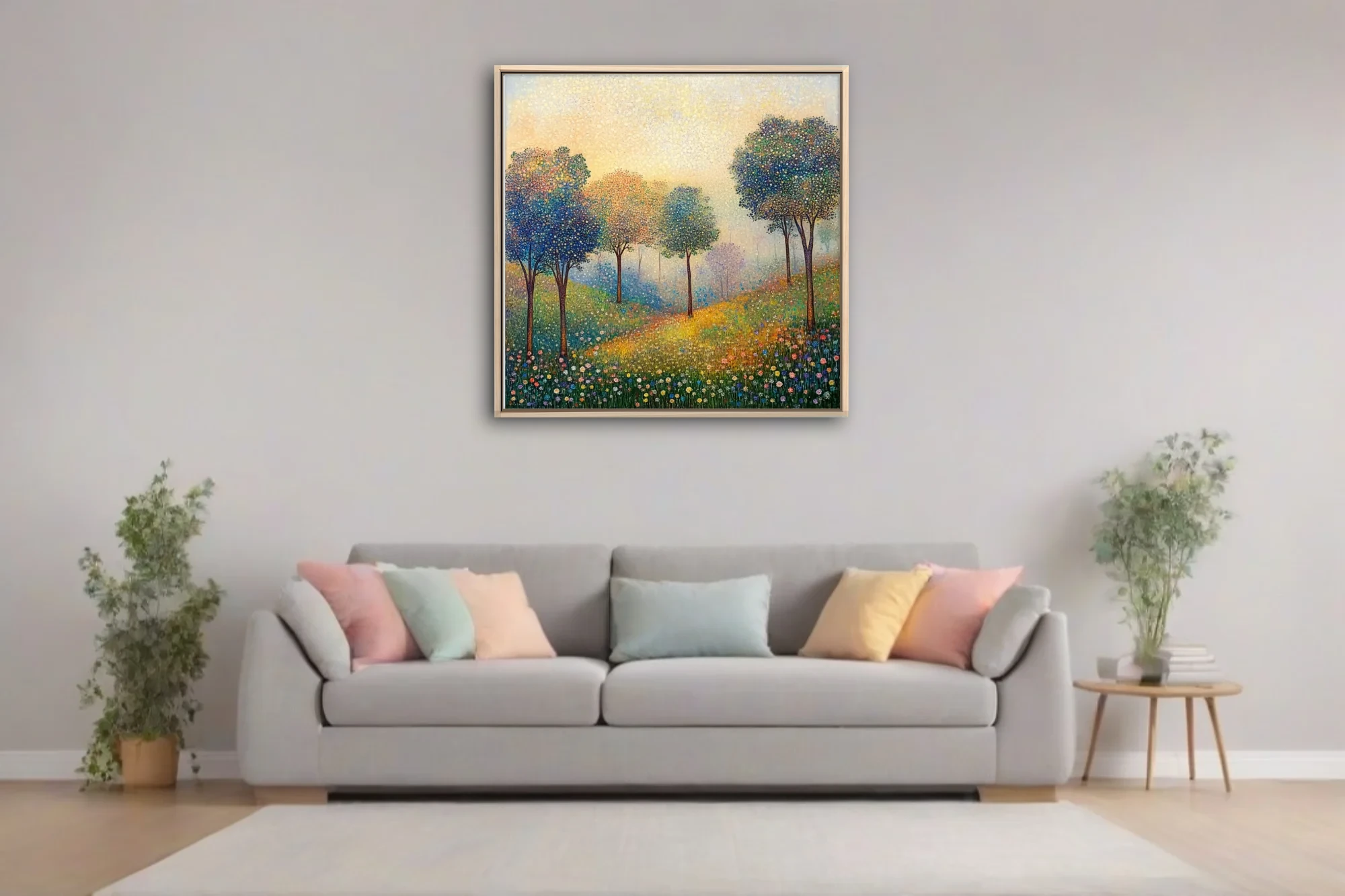 Stippled landscape with colorful dotted trees and wildflower meadow in golden light