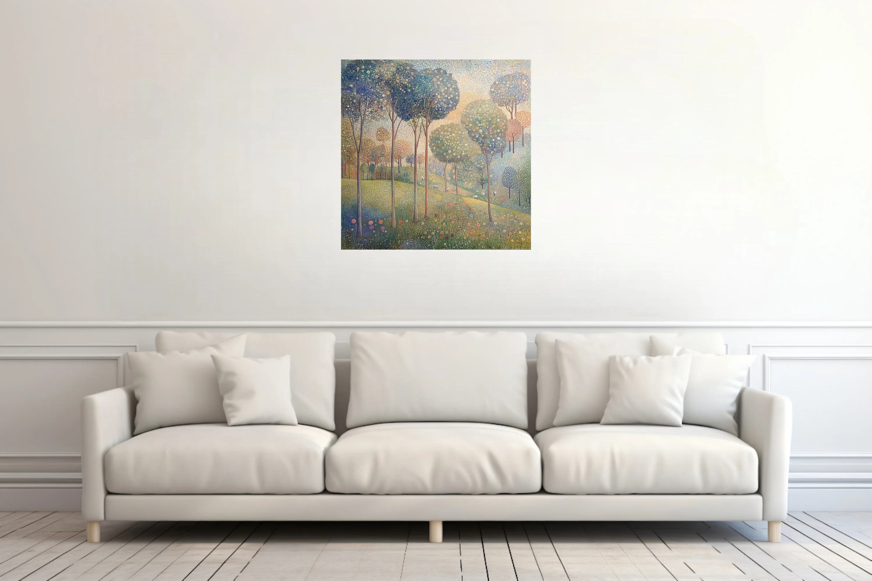 Stippled pastoral landscape with flowering trees, wildflowers, and grazing animals in soft pastel tones