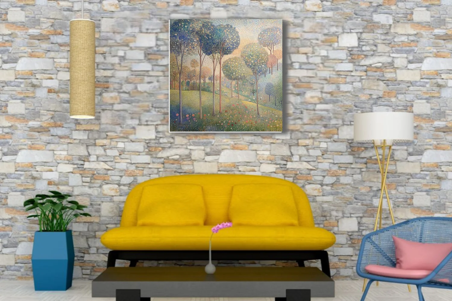 Stippled pastoral landscape with flowering trees, wildflowers, and grazing animals in soft pastel tones