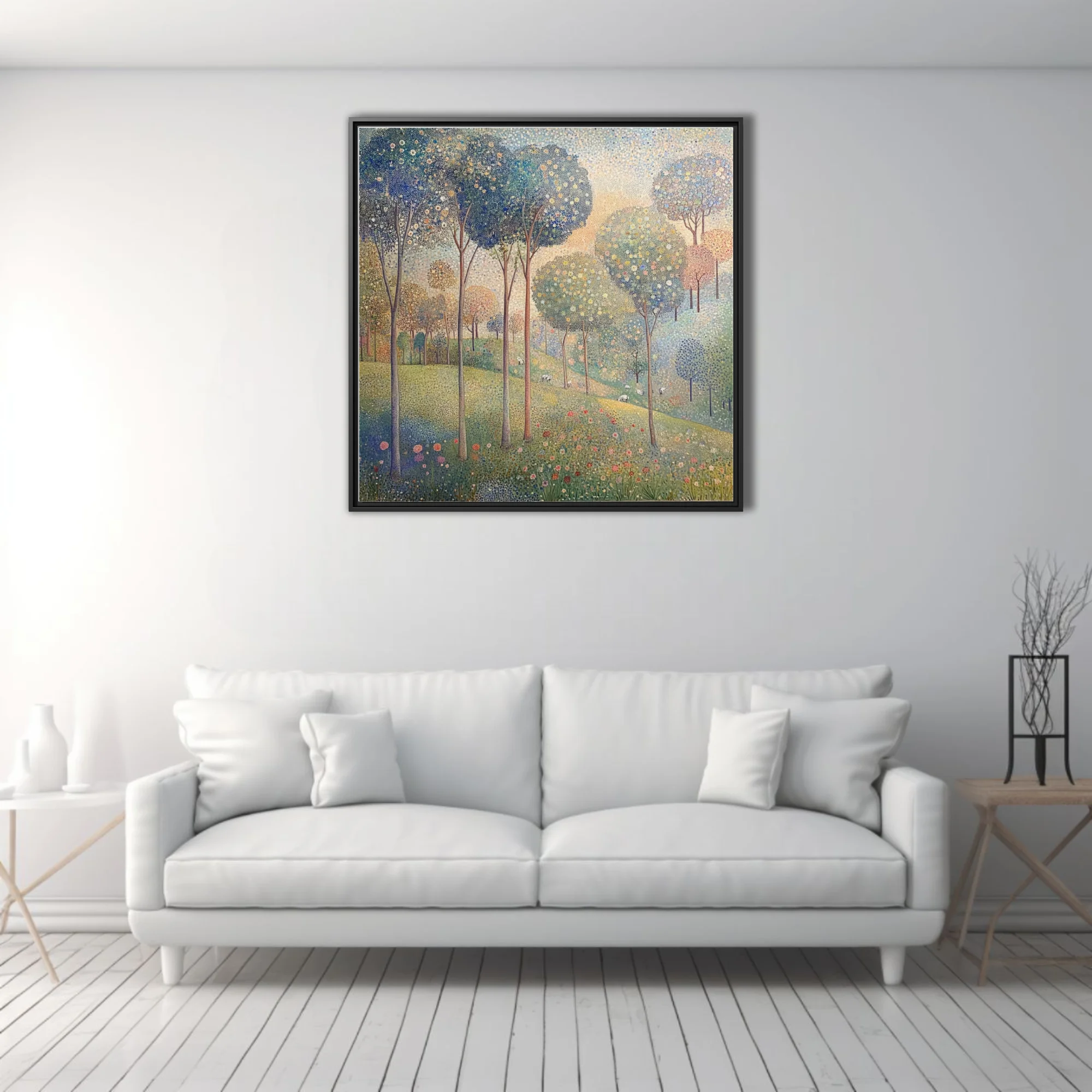 Stippled pastoral landscape with flowering trees, wildflowers, and grazing animals in soft pastel tones