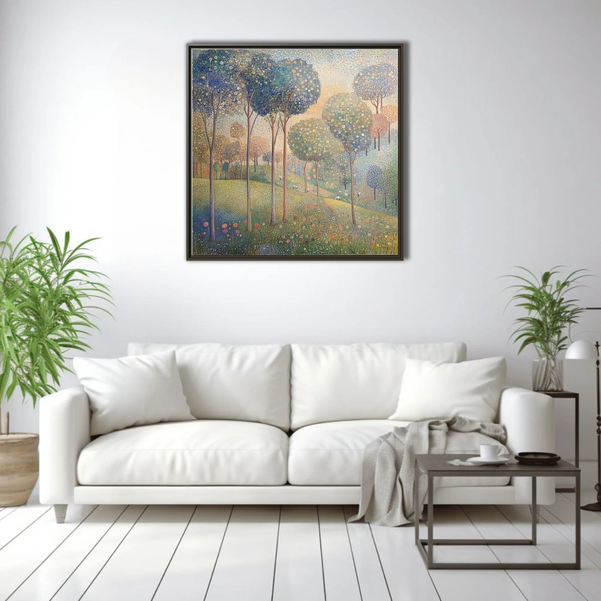 Stippled pastoral landscape with flowering trees, wildflowers, and grazing animals in soft pastel tones