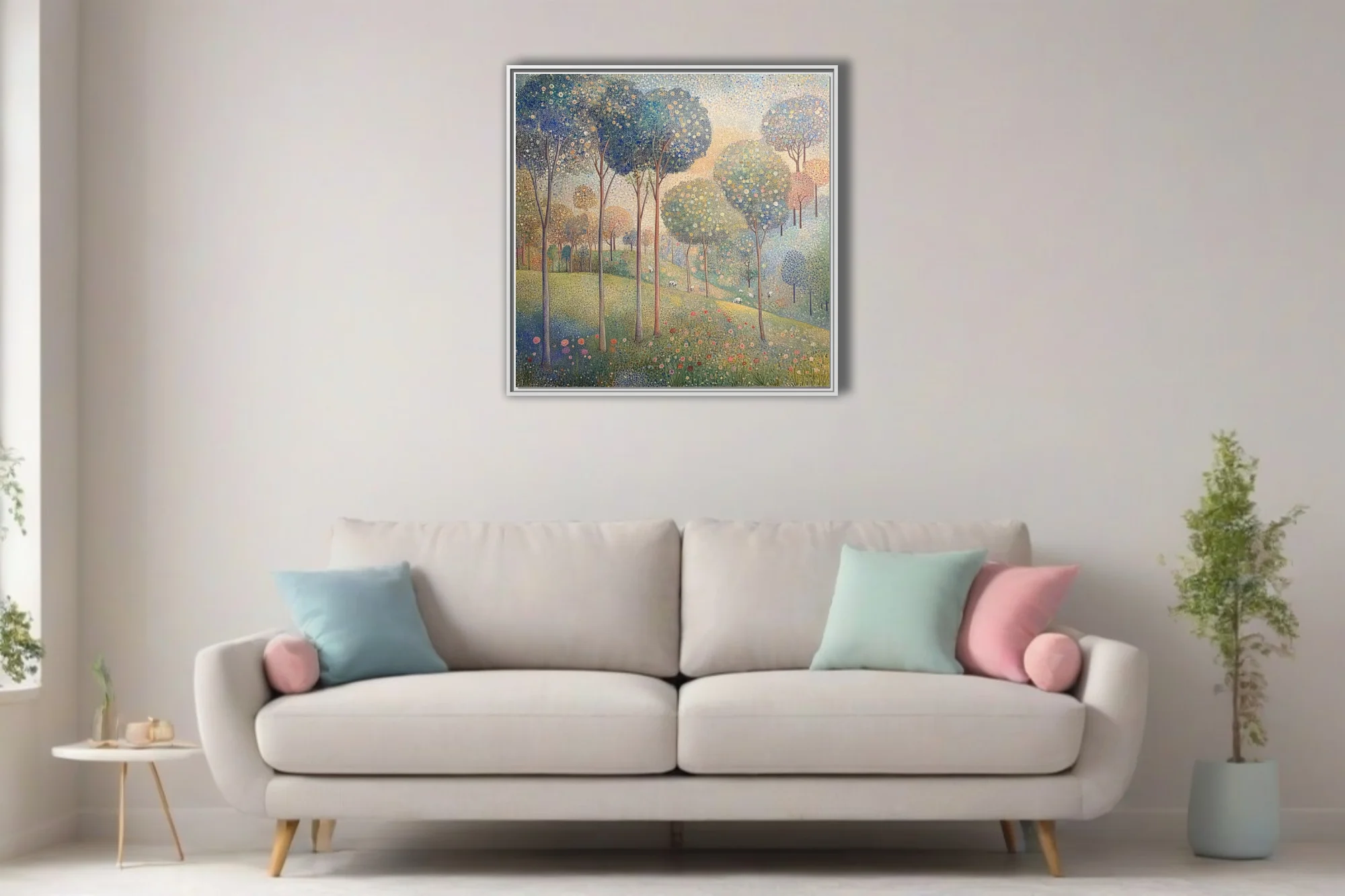 Stippled pastoral landscape with flowering trees, wildflowers, and grazing animals in soft pastel tones