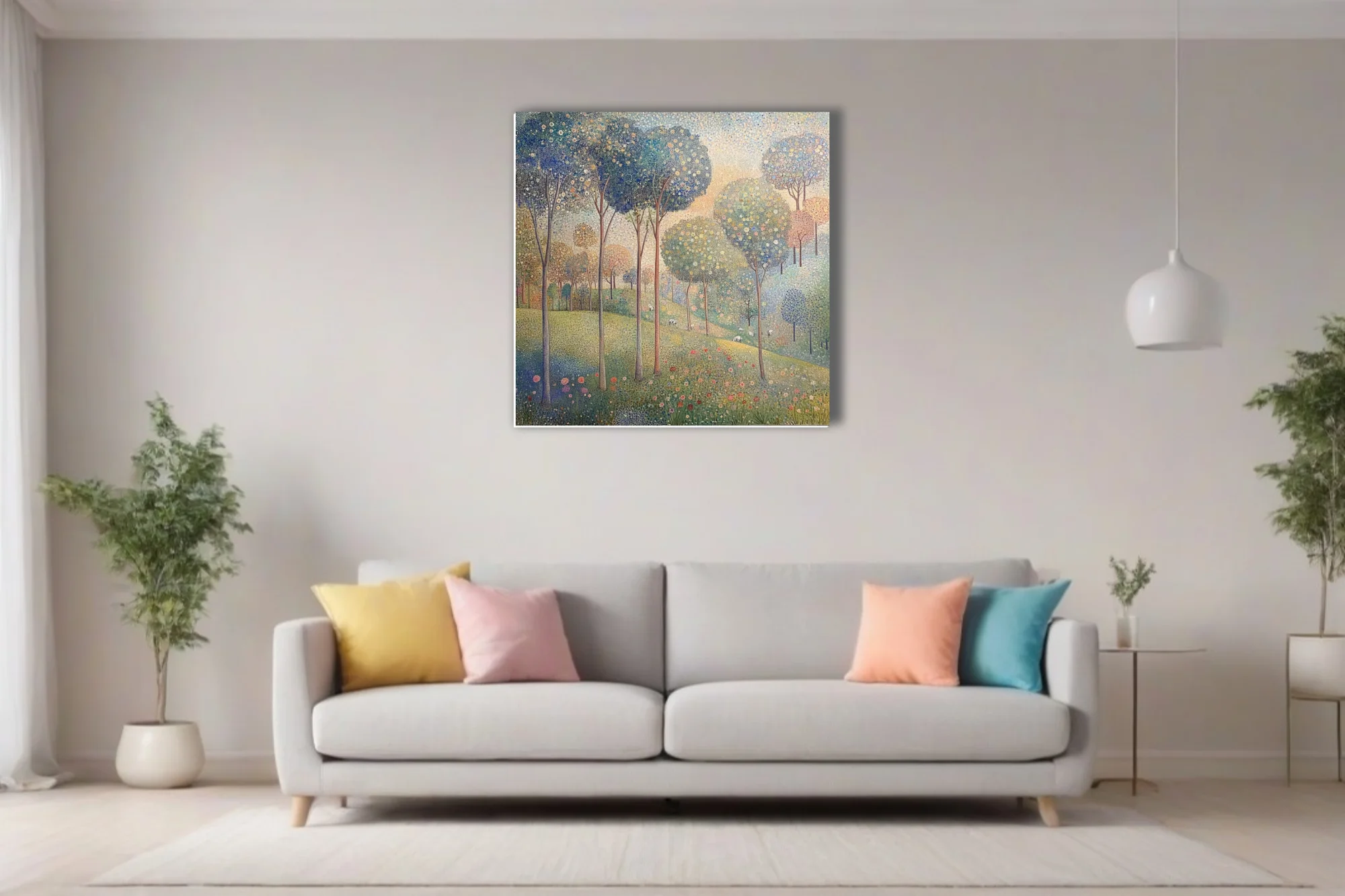 Stippled pastoral landscape with flowering trees, wildflowers, and grazing animals in soft pastel tones