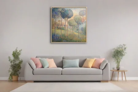 Stippled pastoral landscape with flowering trees, wildflowers, and grazing animals in soft pastel tones