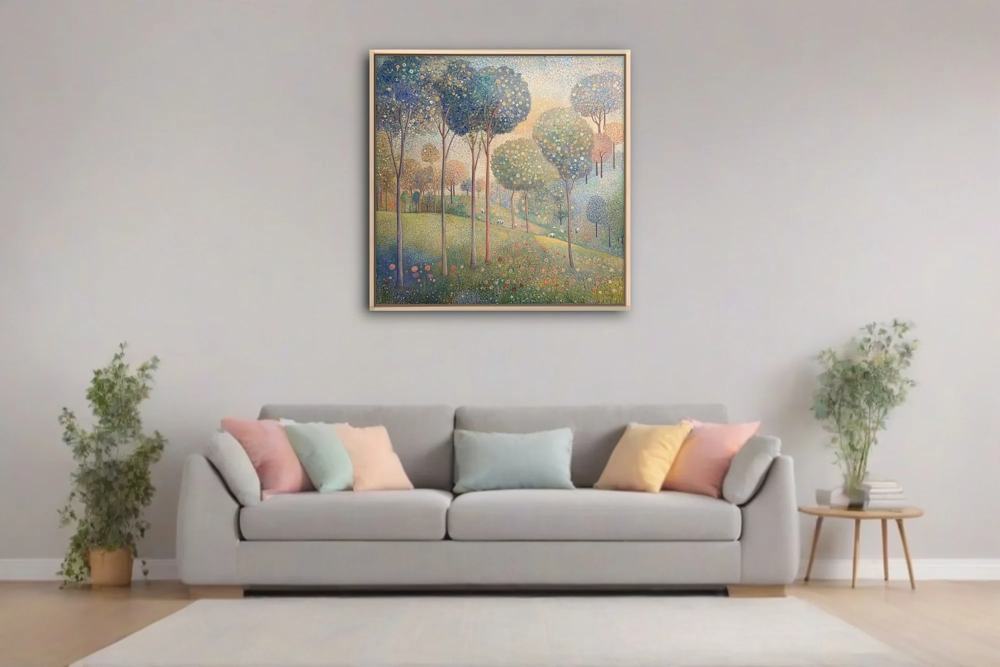Stippled pastoral landscape with flowering trees, wildflowers, and grazing animals in soft pastel tones