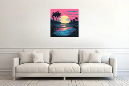 Neon bold-graphic tropical sunset with neon pink sky, glowing orb, and palm silhouettes