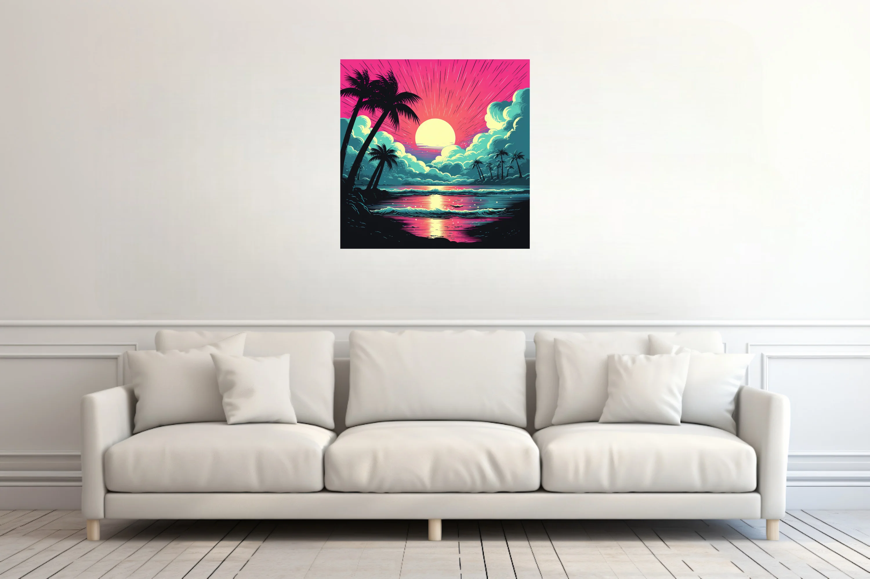 Bold graphic tropical beach sunset, neon magenta and teal, palm silhouettes, radiant sun