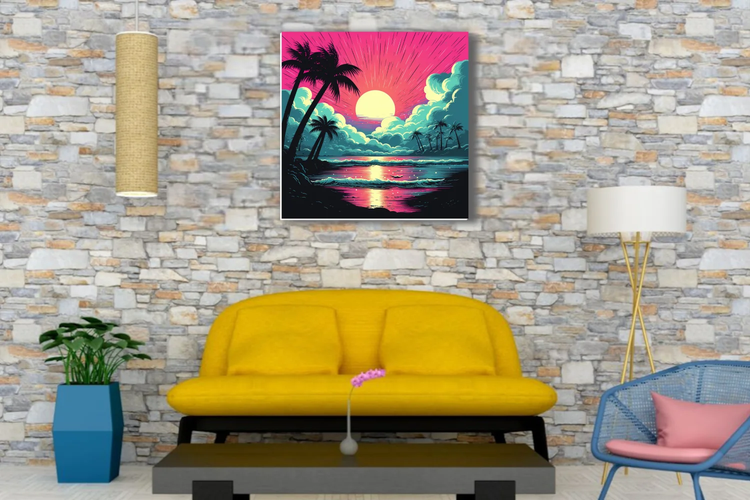 Bold graphic tropical beach sunset, neon magenta and teal, palm silhouettes, radiant sun