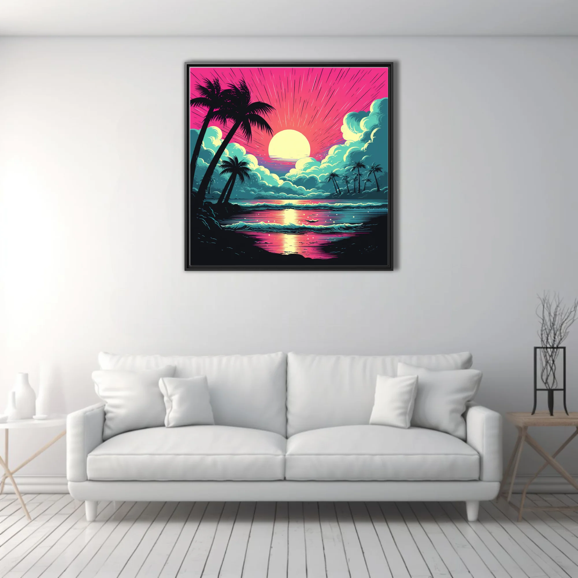 Bold graphic tropical beach sunset, neon magenta and teal, palm silhouettes, radiant sun