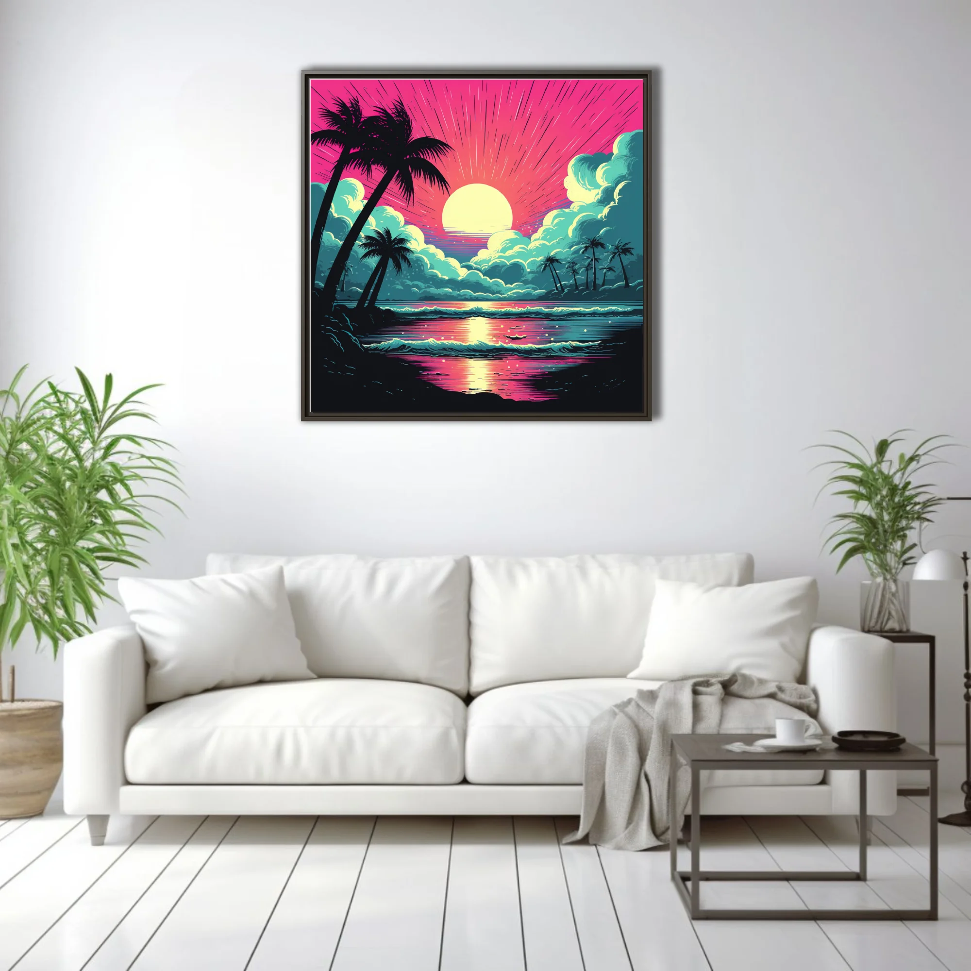 Bold graphic tropical beach sunset, neon magenta and teal, palm silhouettes, radiant sun