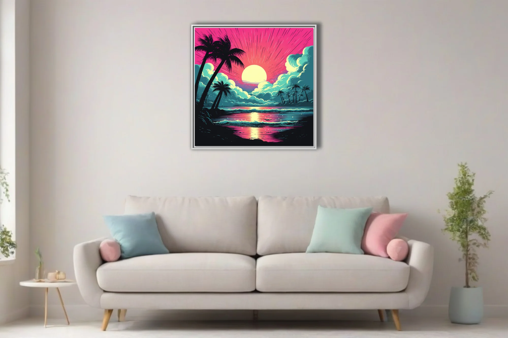 Bold graphic tropical beach sunset, neon magenta and teal, palm silhouettes, radiant sun