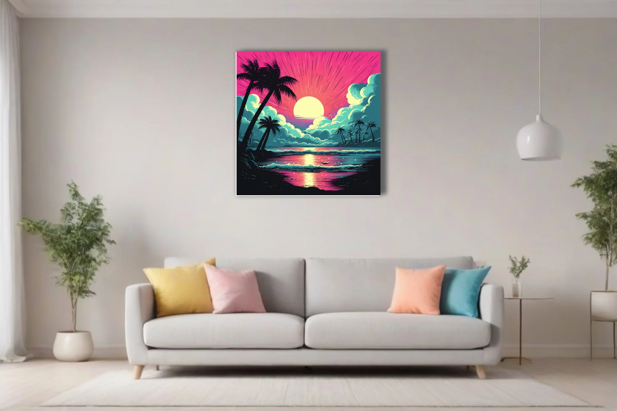 Bold graphic tropical beach sunset, neon magenta and teal, palm silhouettes, radiant sun