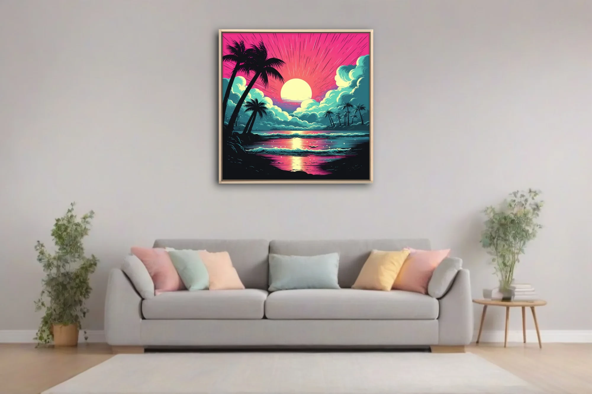 Bold graphic tropical beach sunset, neon magenta and teal, palm silhouettes, radiant sun