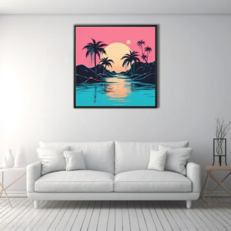 Neon tropical sunset with palm silhouettes, cyan water, and coral pink sky