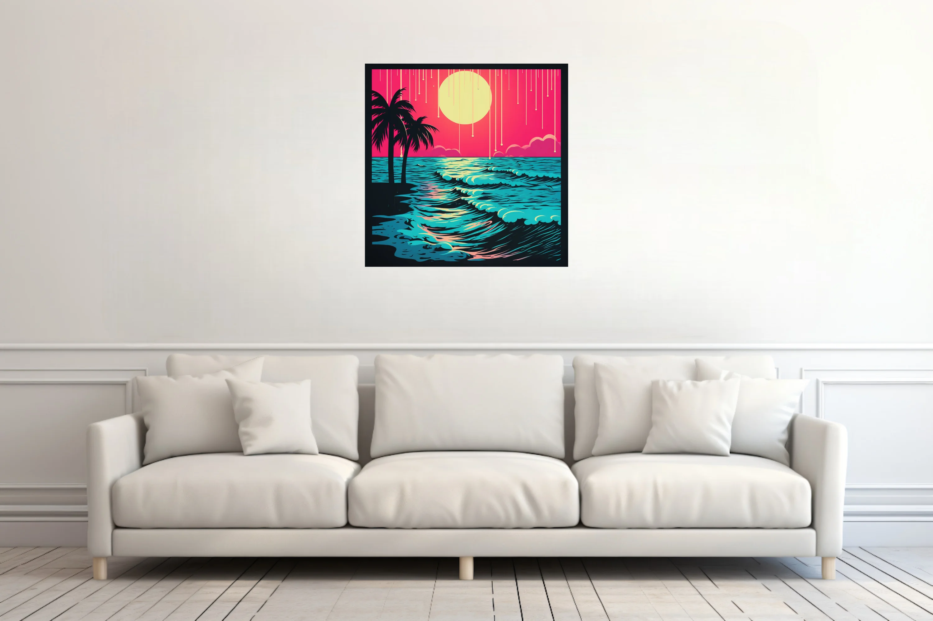 Neon bold-graphic beach sunset, neon pink sky and cyan waves with palm silhouettes