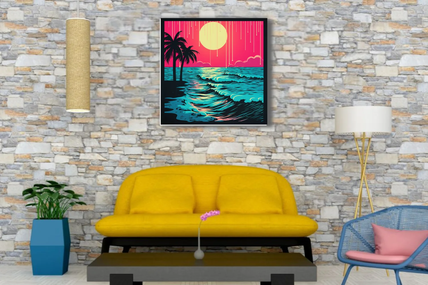 Neon bold-graphic beach sunset, neon pink sky and cyan waves with palm silhouettes