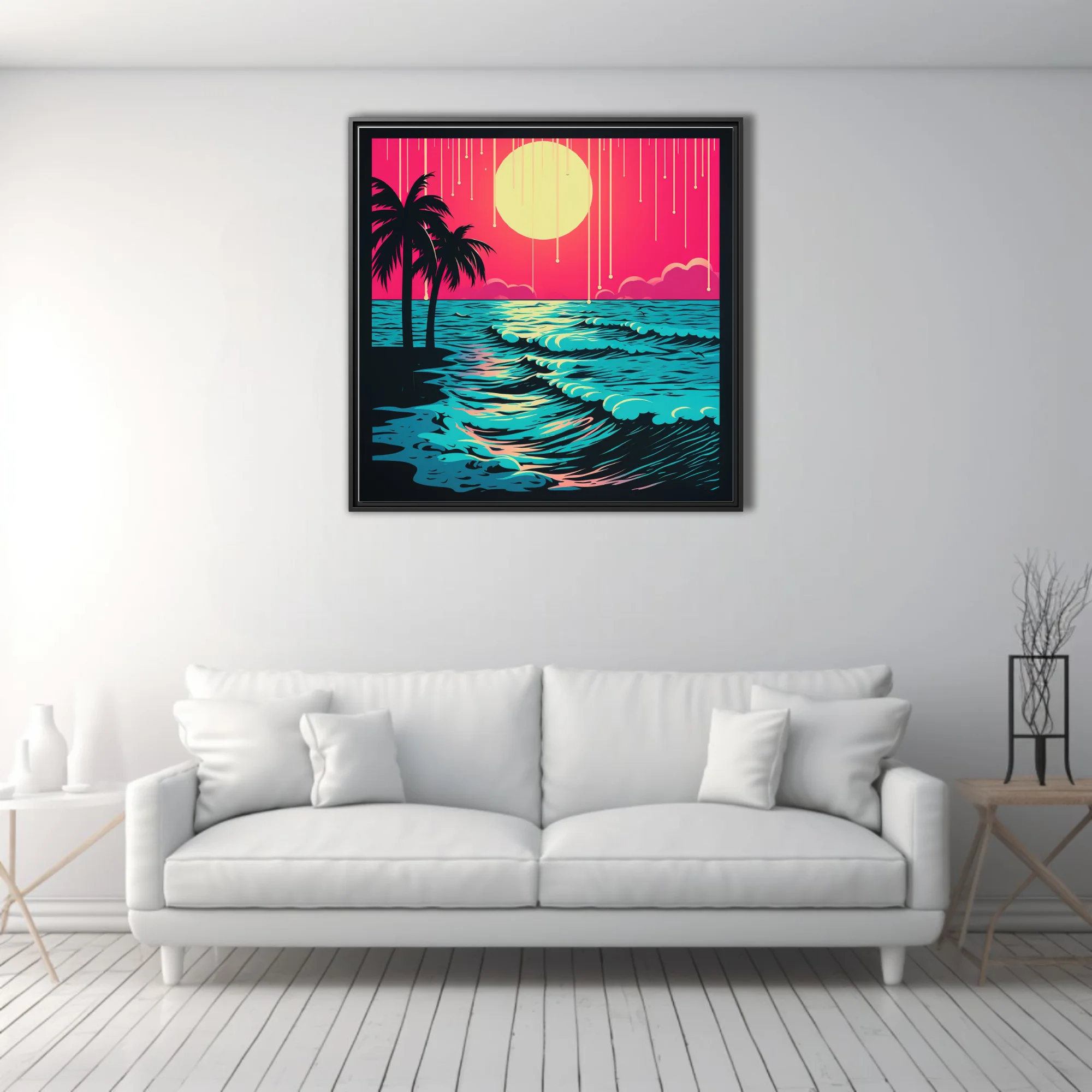 Neon bold-graphic beach sunset, neon pink sky and cyan waves with palm silhouettes