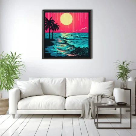 Neon bold-graphic beach sunset, neon pink sky and cyan waves with palm silhouettes