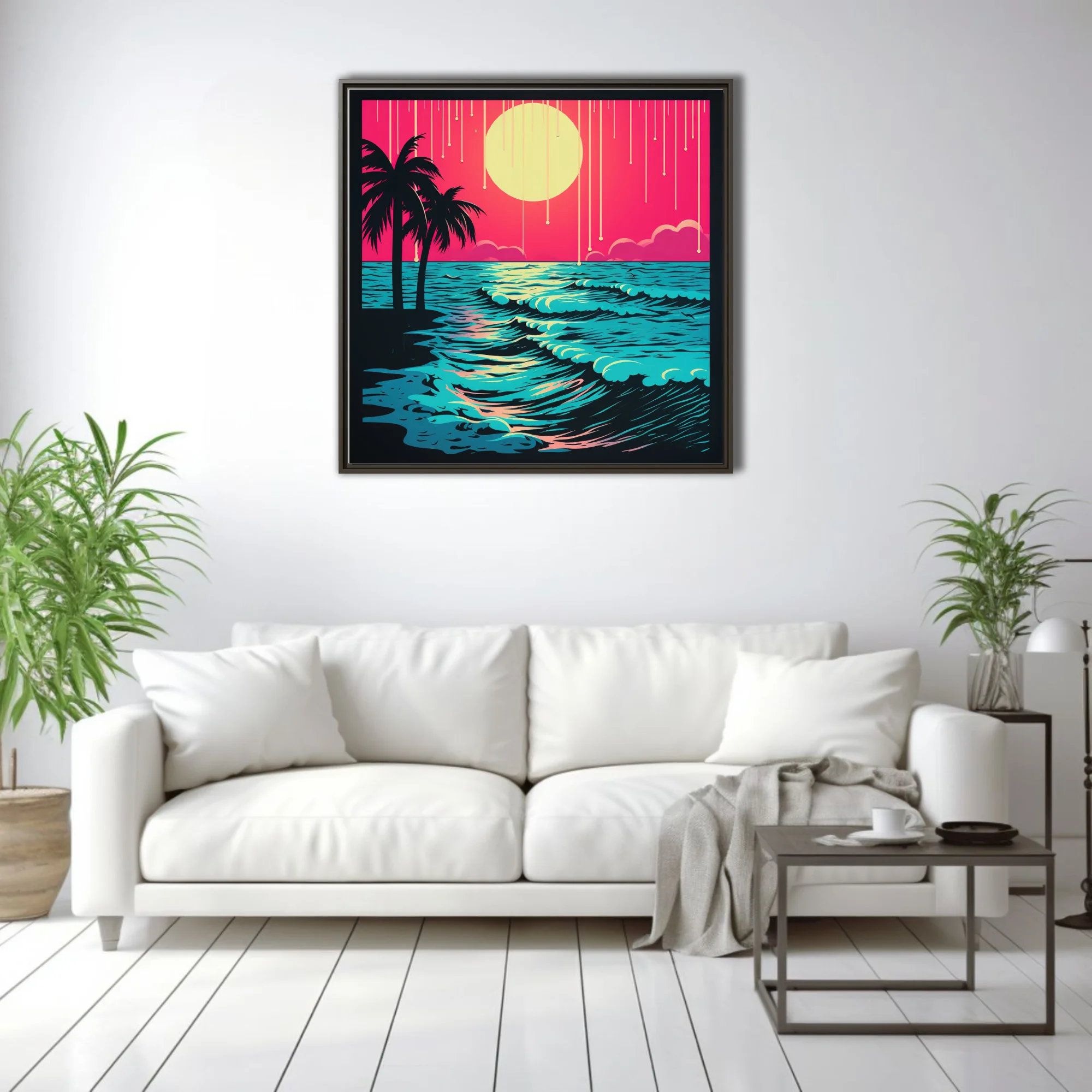 Neon bold-graphic beach sunset, neon pink sky and cyan waves with palm silhouettes