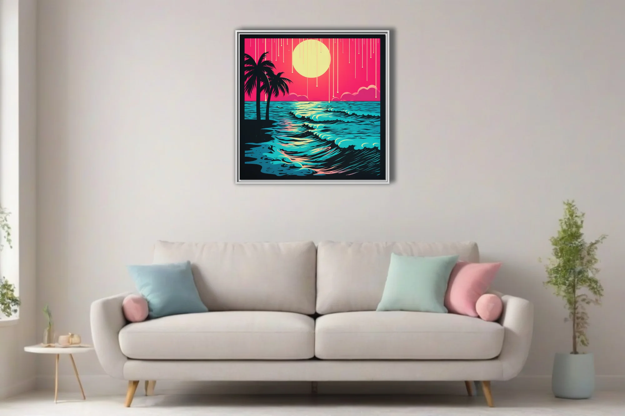 Neon bold-graphic beach sunset, neon pink sky and cyan waves with palm silhouettes