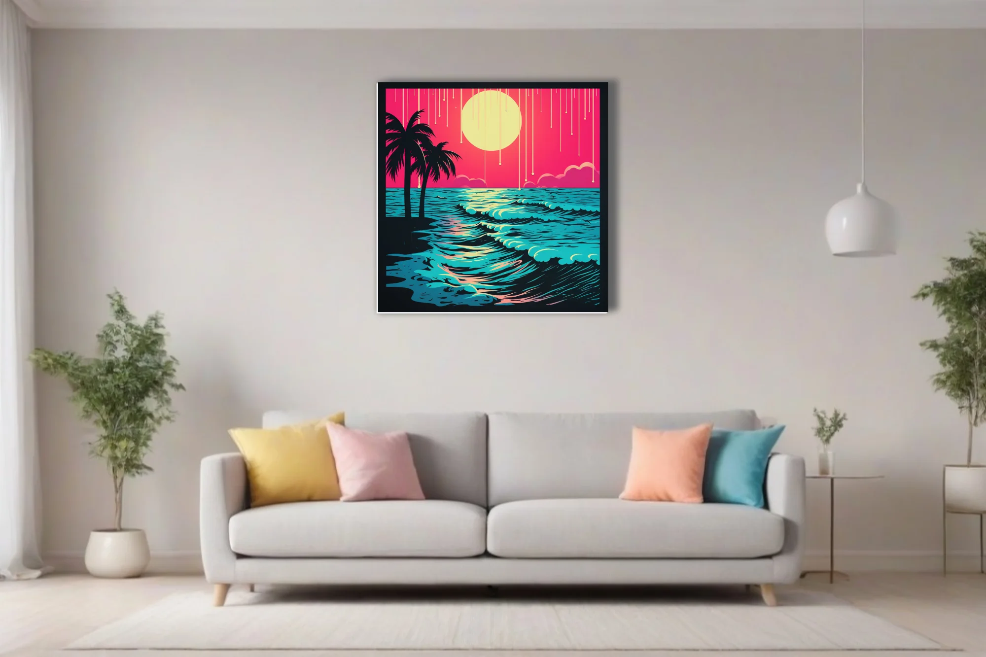 Neon bold-graphic beach sunset, neon pink sky and cyan waves with palm silhouettes