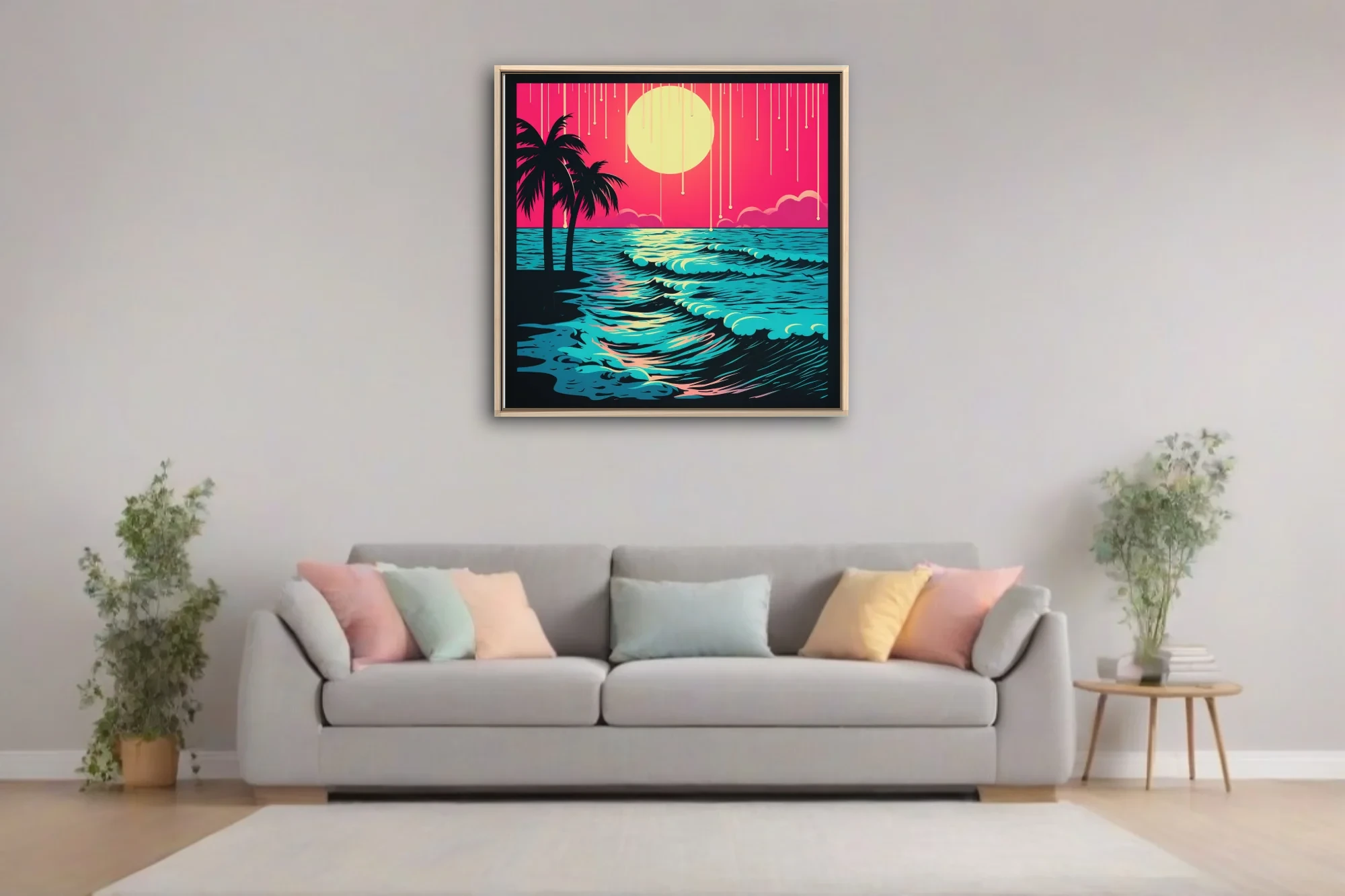 Neon bold-graphic beach sunset, neon pink sky and cyan waves with palm silhouettes
