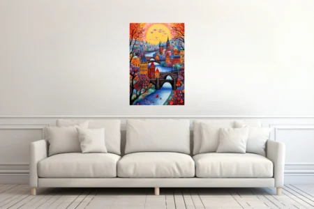Whimsical folk-art Prague cityscape with bridges, spires, autumn trees and glowing sunset sky