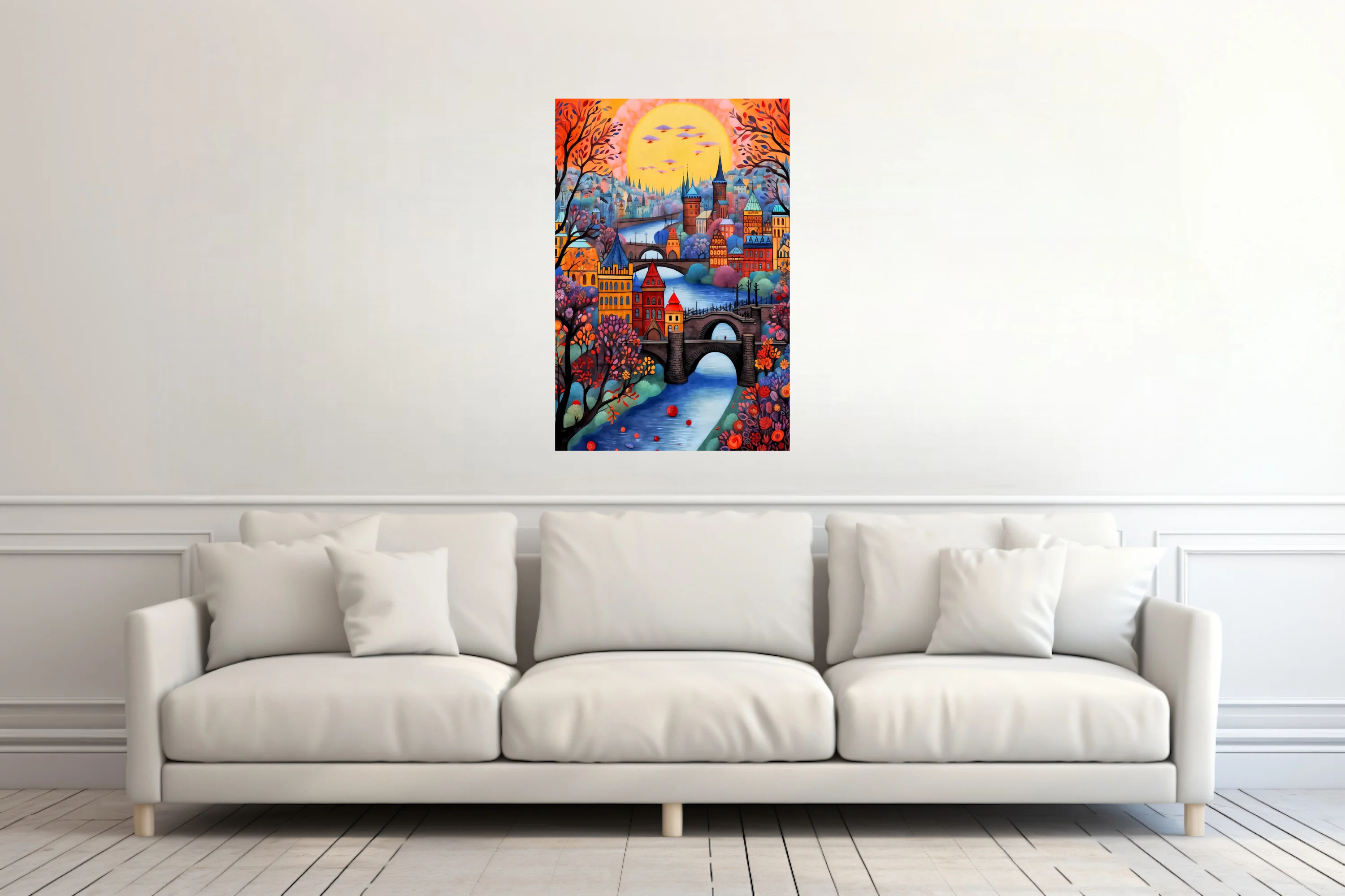 Whimsical folk-art Prague cityscape with bridges, spires, autumn trees and glowing sunset sky