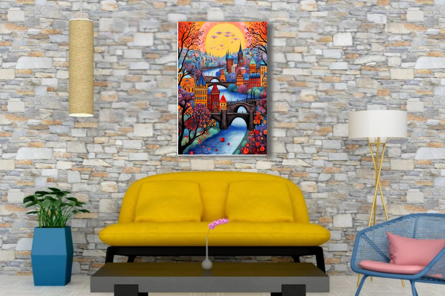 Whimsical folk-art Prague cityscape with bridges, spires, autumn trees and glowing sunset sky