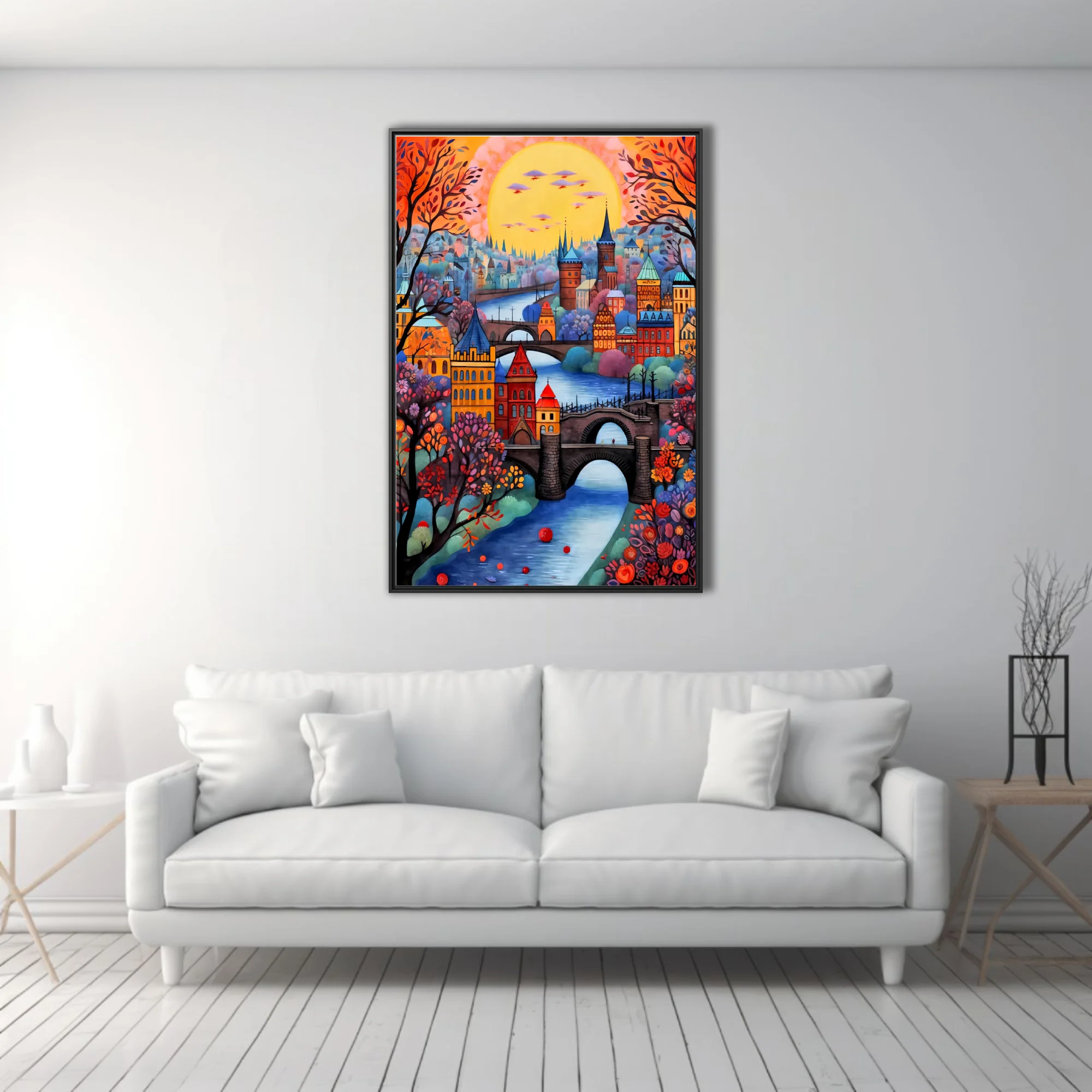 Whimsical folk-art Prague cityscape with bridges, spires, autumn trees and glowing sunset sky