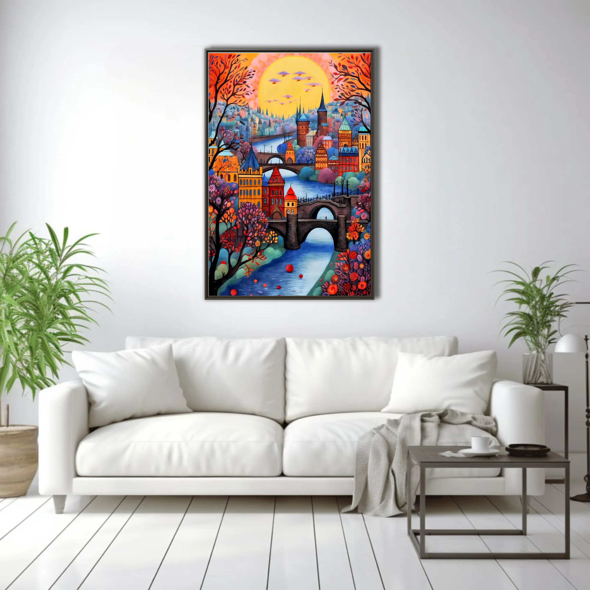 Whimsical folk-art Prague cityscape with bridges, spires, autumn trees and glowing sunset sky