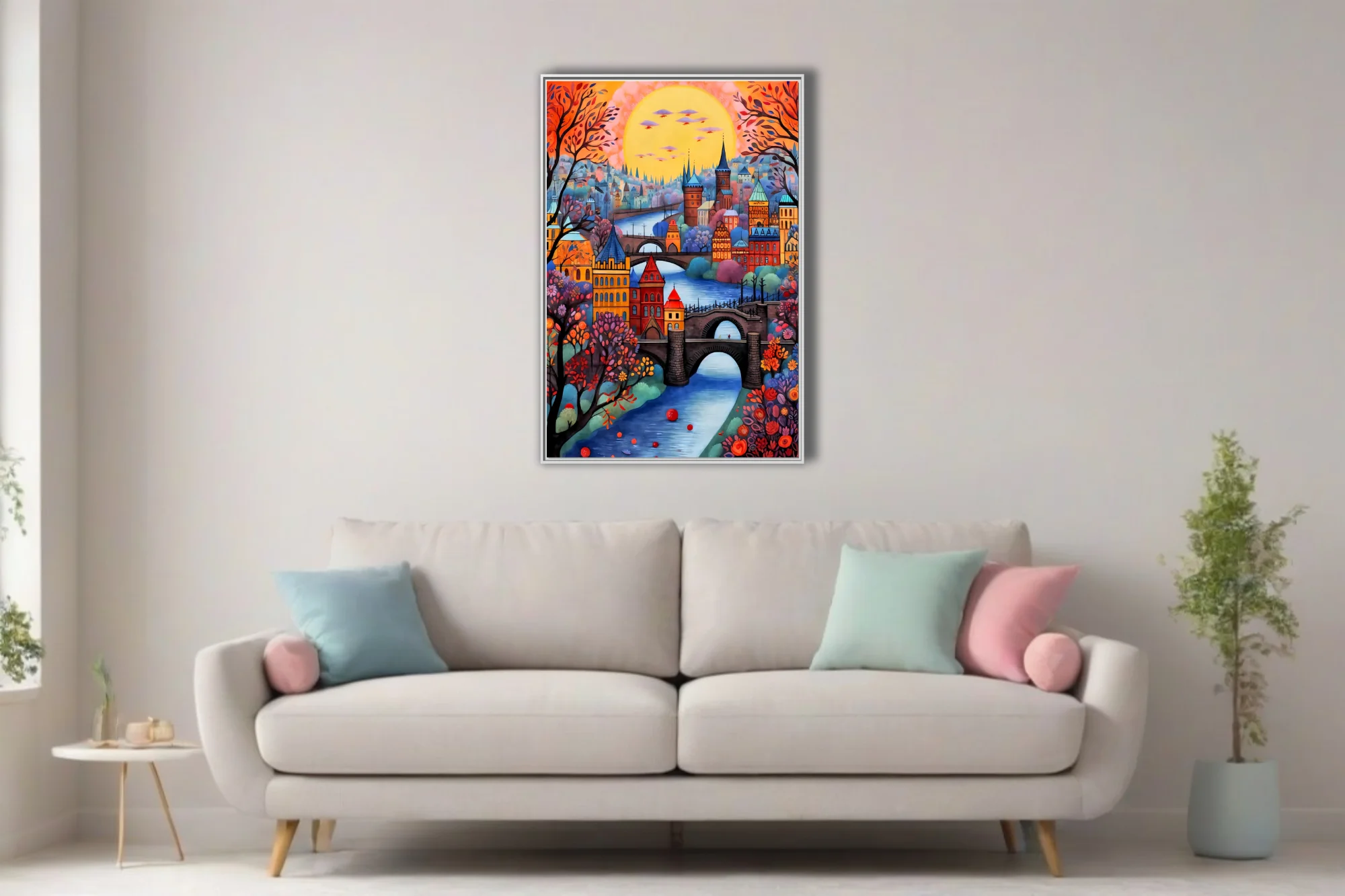 Whimsical folk-art Prague cityscape with bridges, spires, autumn trees and glowing sunset sky
