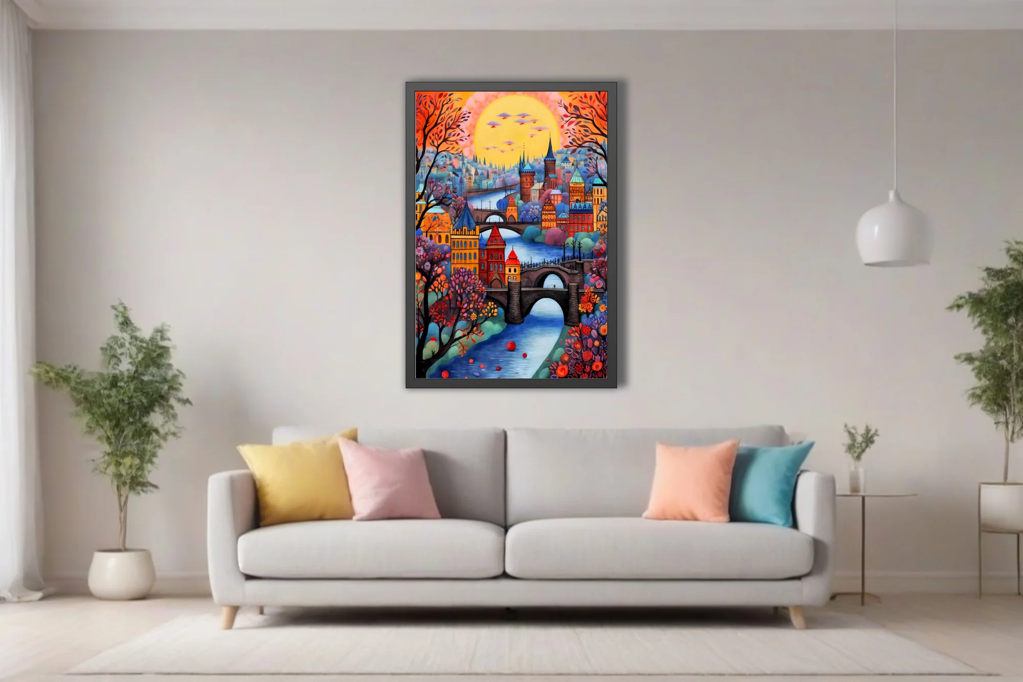 Whimsical folk-art Prague cityscape with bridges, spires, autumn trees and glowing sunset sky