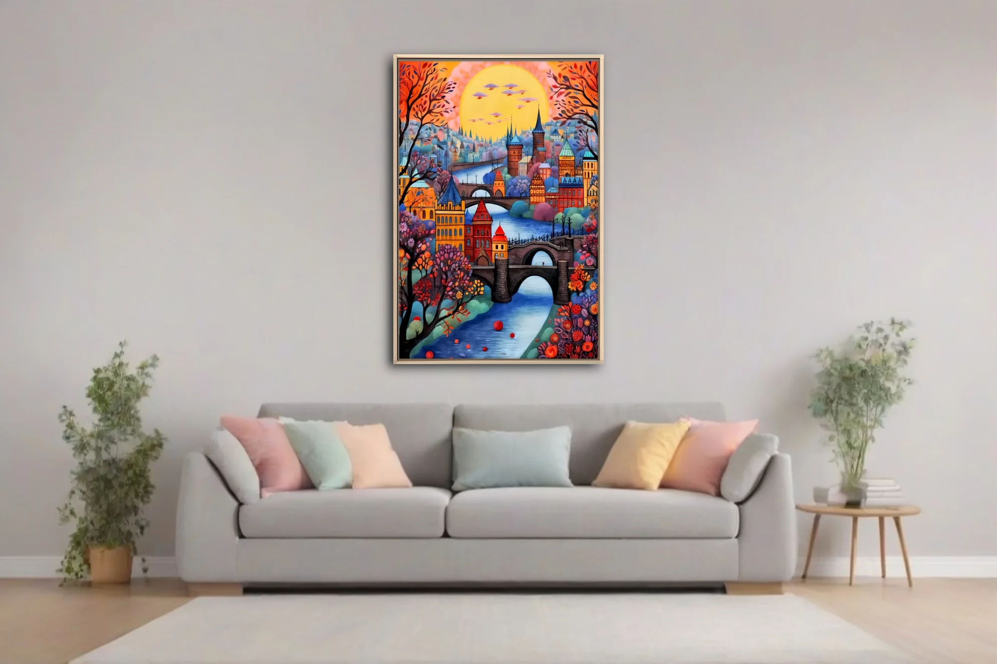 Whimsical folk-art Prague cityscape with bridges, spires, autumn trees and glowing sunset sky