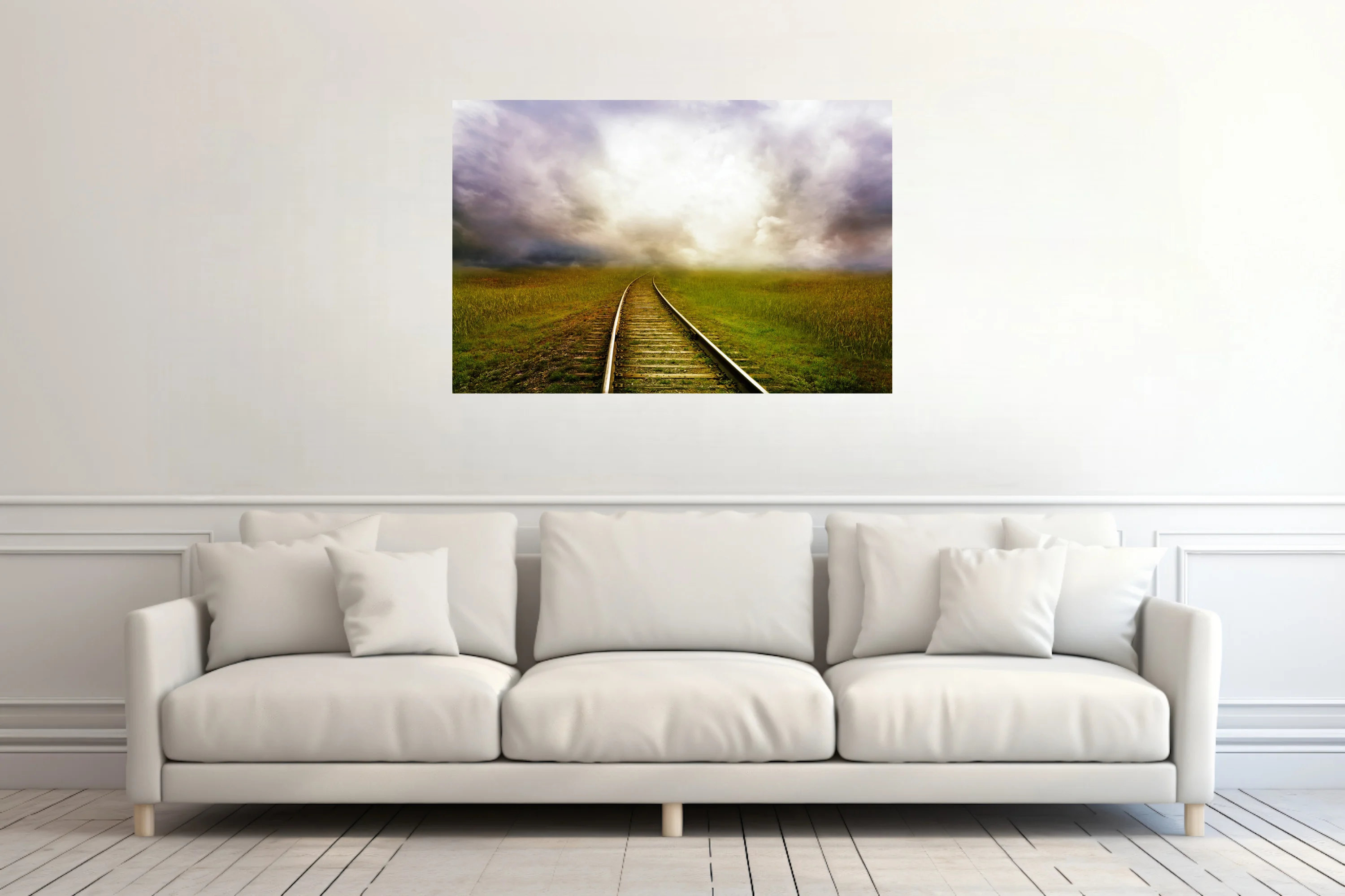Cinematic railroad track curving through green fields toward dramatic glowing storm clouds